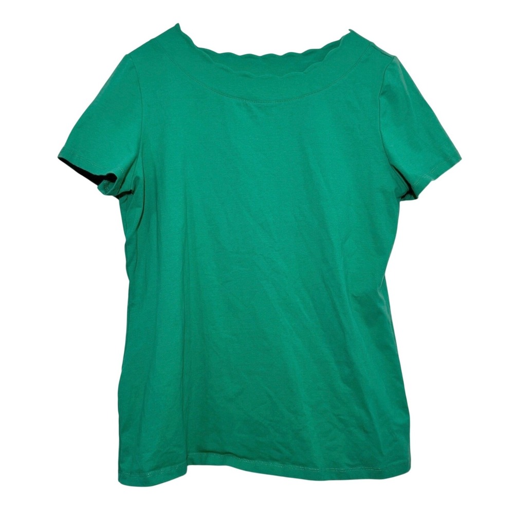 Anne Klein Top Green Scalloped Neckline Short Sleeve Women Medium M Tee Cotton